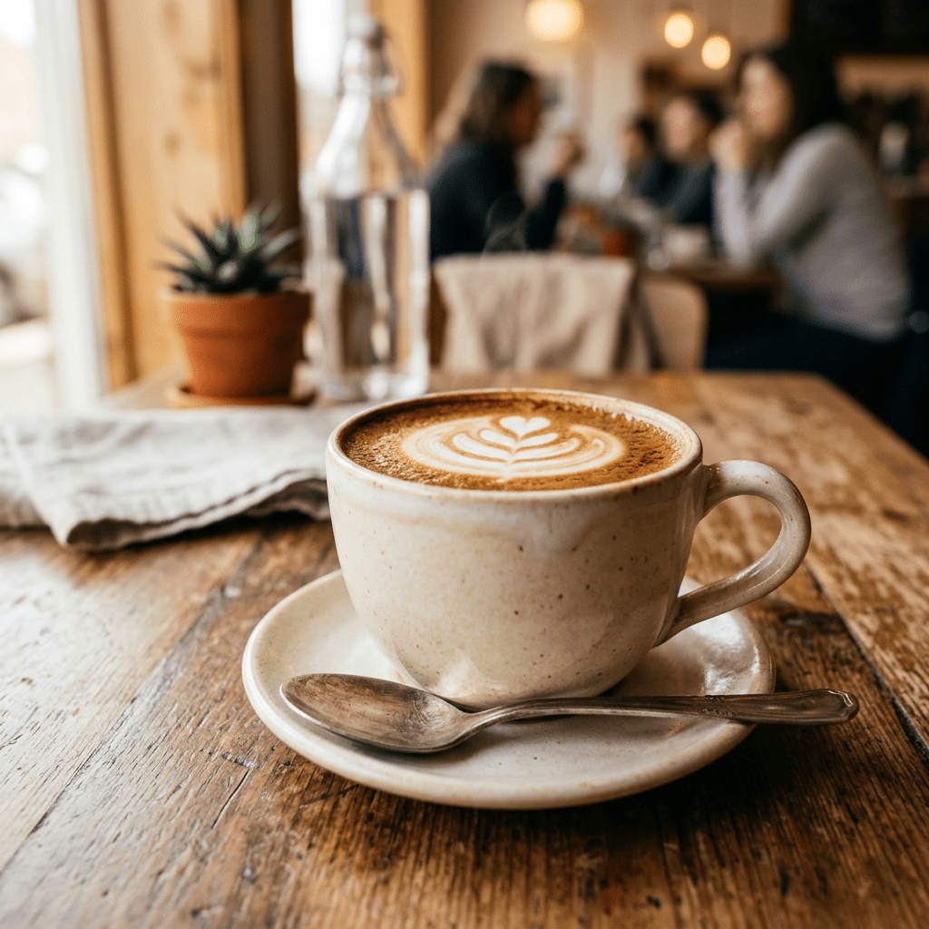 Latte with heart-shaped latte art in a beige ceramic cup and saucer on a wooden table with a spoon.