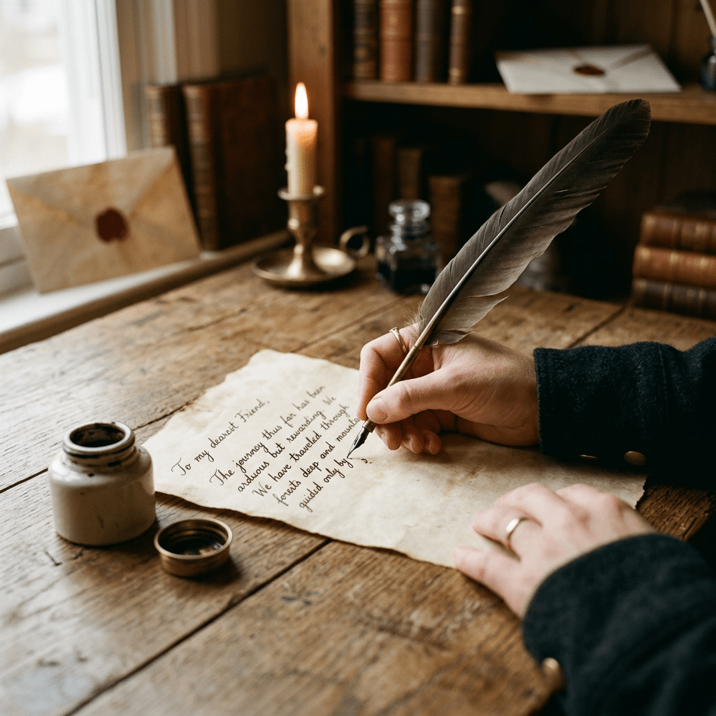 Hand writing a letter on parchment with a quill and ink pot